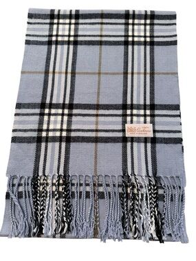 100% Cashmere Blue Plaid Scarf Made in England 12” x 69” Fringed Lighweight